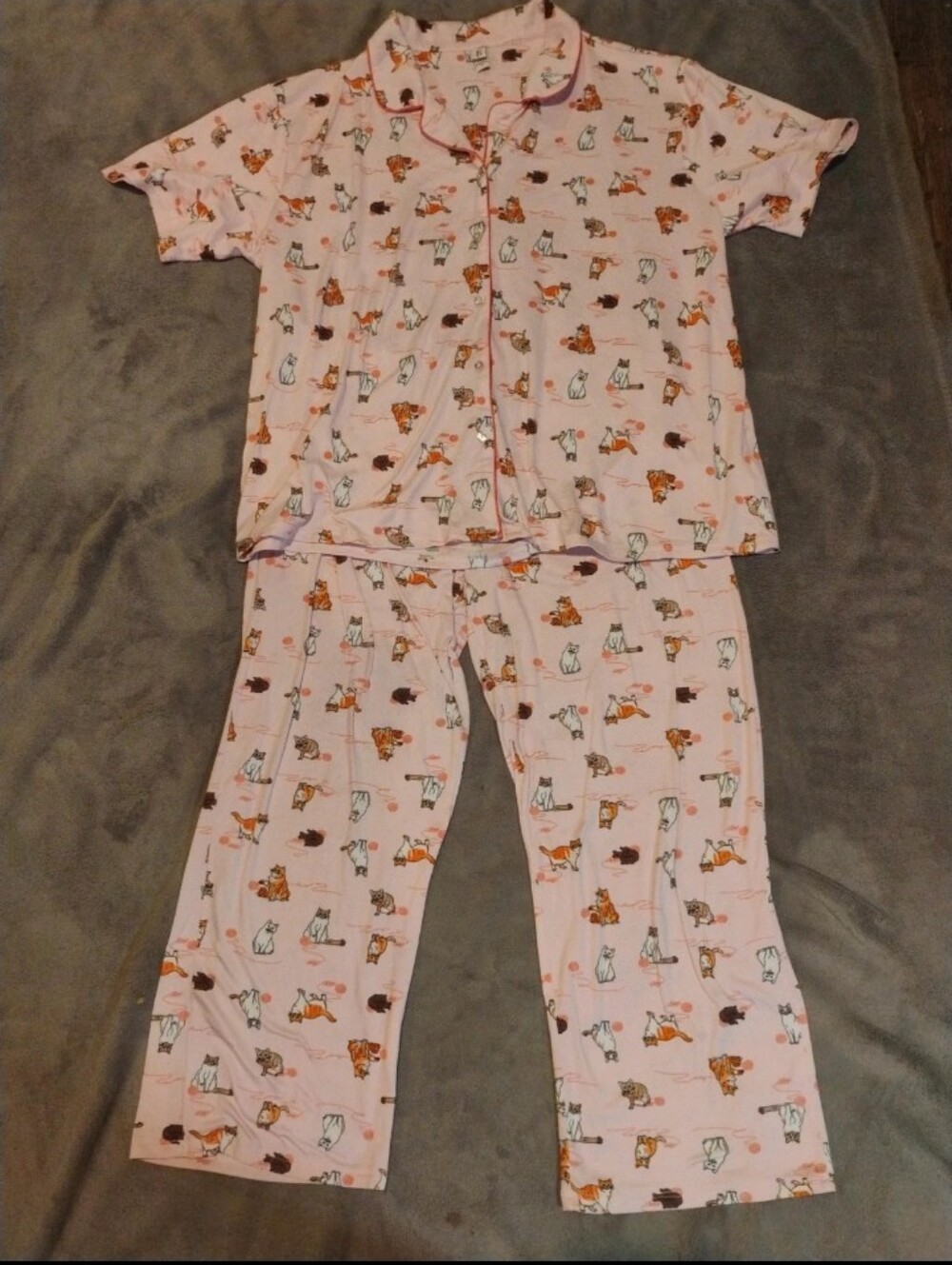 ED Ellen DeGeneres Pink Cat Print 2-Piece Pajama Set Button Up & Pants - Size L